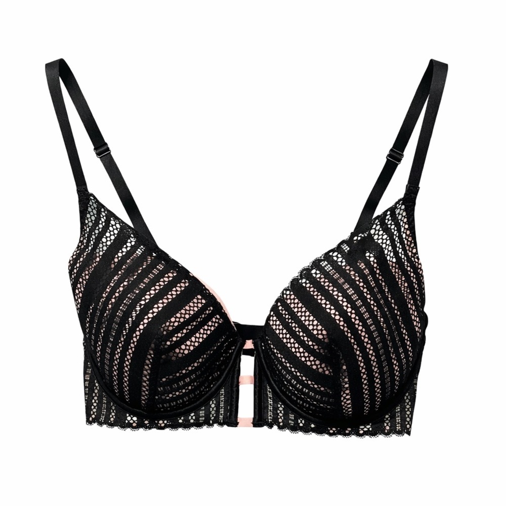 Victoria’s Secret Lace Plunge Underwire Bra 34DD Black Pink NWOT